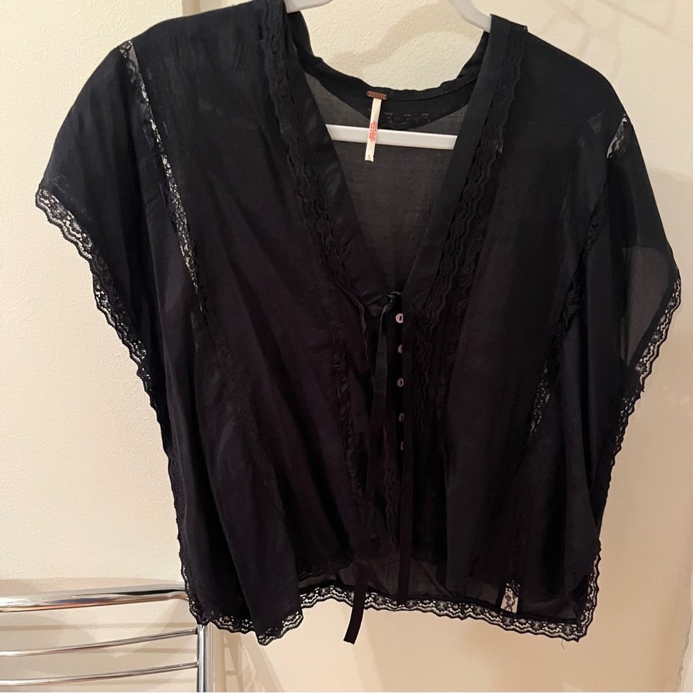 Black Sheer Lace Trim Button Front Top